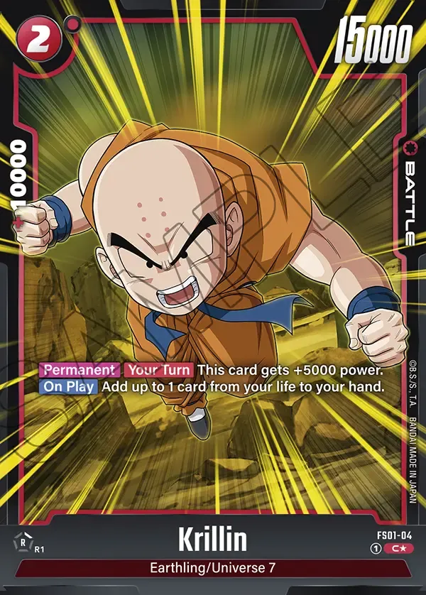 Dragon Ball Super Card Game Fusion World STARTER DECK -SON GOKU- Bonus pack #FS01-04 Krillin Parallel; official card image from the Bandai card database; publisher sample markings retained