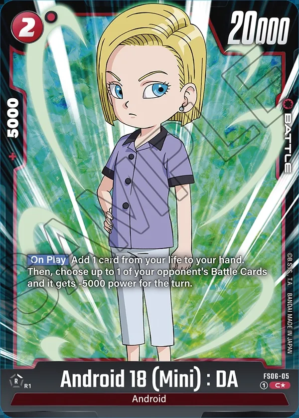 Dragon Ball Super Card Game Fusion World STARTER DECK -SON GOKU(MINI)- Bonus pack #FS06-05 Android 18 (Mini) : DA Parallel; official card image from the Bandai card database; publisher sample markings retained