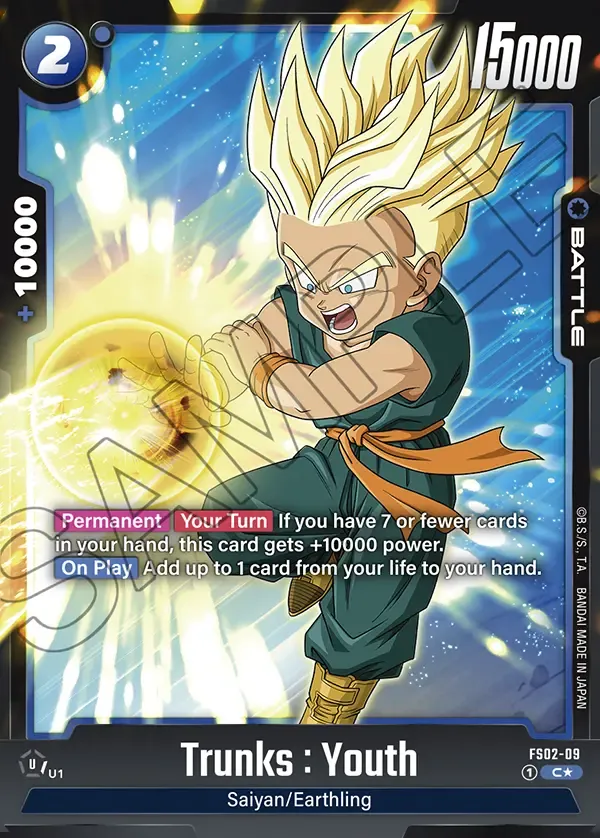 Dragon Ball Super Card Game Fusion World STARTER DECK -VEGETA- Bonus pack #FS02-09 Trunks : Youth Parallel; official card image from the Bandai card database; publisher sample markings retained