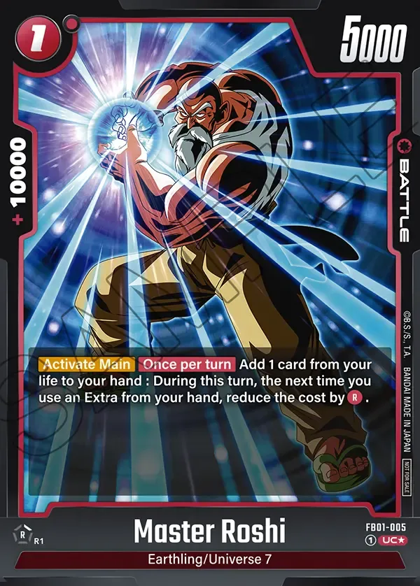 Dragon Ball Super Card Game Fusion World Tournament Pack01 #FB01-005 Master Roshi Parallel; official card image from the Bandai card database; publisher sample markings retained