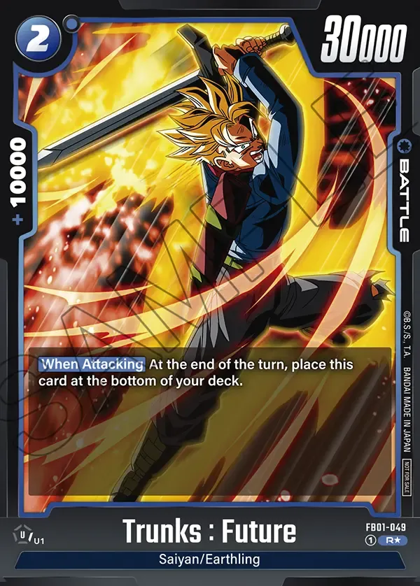 Dragon Ball Super Card Game Fusion World Tournament Pack01 #FB01-049 Trunks : Future Parallel; official card image from the Bandai card database; publisher sample markings retained