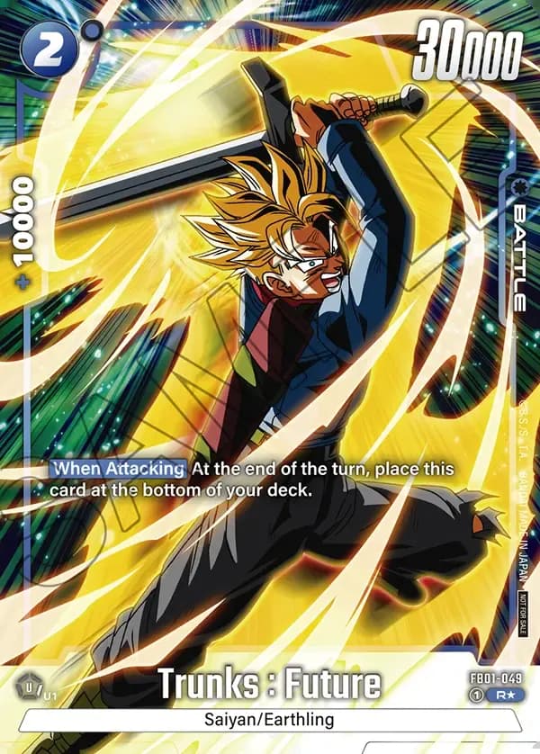 Dragon Ball Super Card Game Fusion World Tournament Pack01 WINNER #FB01-049 Trunks : Future Parallel; official card image from the Bandai card database; publisher sample markings retained