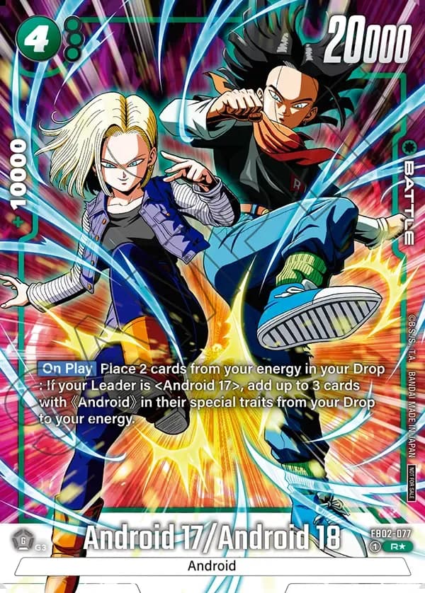 Dragon Ball Super Card Game Fusion World Tournament Pack01 WINNER #FB02-077 Android 17/Android 18 Parallel; official card image from the Bandai card database; publisher sample markings retained
