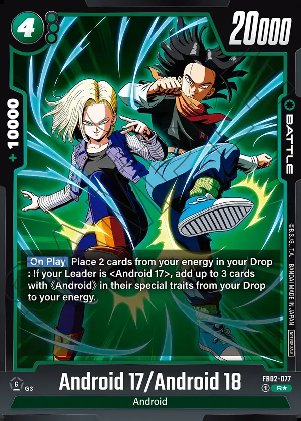 Dragon Ball Super Card Game Fusion World Tournament Pack02 #FB02-077 Android 17/Android 18 Parallel; official card image from the Bandai card database; publisher sample markings retained