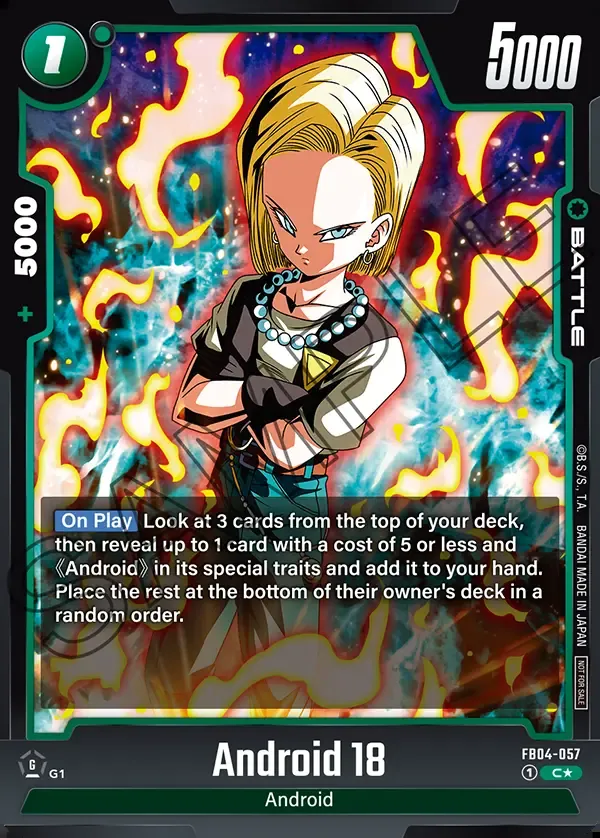 Dragon Ball Super Card Game Fusion World Tournament Pack05 #FB04-057 Android 18 Parallel; official card image from the Bandai card database; publisher sample markings retained