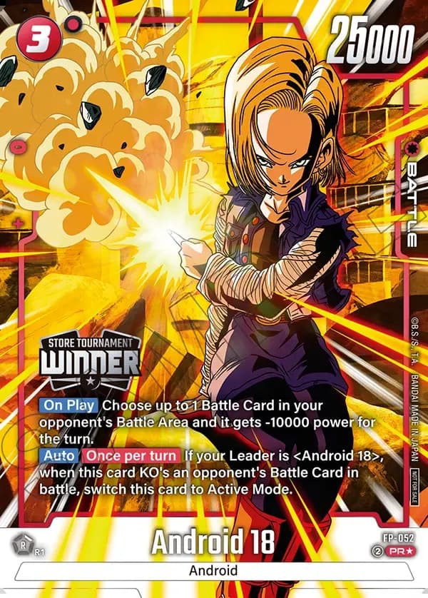Dragon Ball Super Card Game Fusion World Tournament Pack08 WINNER #FP-052 Android 18 Parallel; official card image from the Bandai card database; publisher sample markings retained