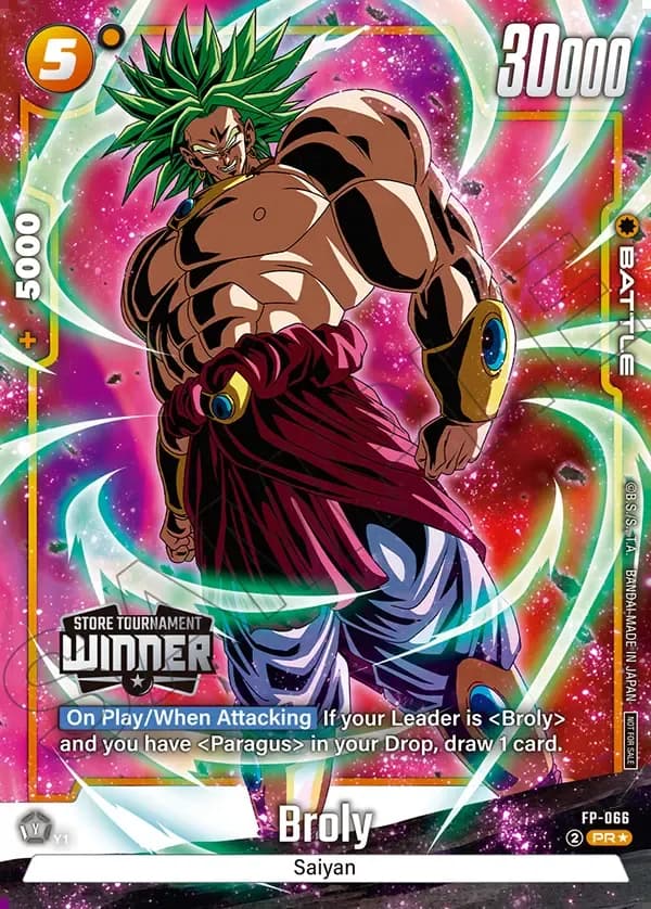 Dragon Ball Super Card Game Fusion World Tournament Pack09 WINNER #FP-066 Broly Parallel; official card image from the Bandai card database; publisher sample markings retained
