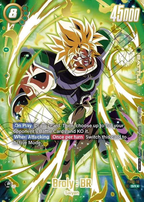 Dragon Ball Super Card Game Fusion World Ultimate Battle Winner #FS03-10 Broly : BR Parallel; official card image from the Bandai card database; publisher sample markings retained