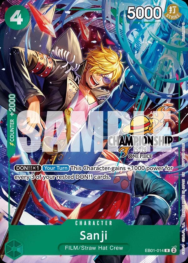 One Piece Card Game CS 25-26 Celebration Pack #EB01-014 Sanji Parallel; official card image from the Bandai card list; publisher sample markings retained