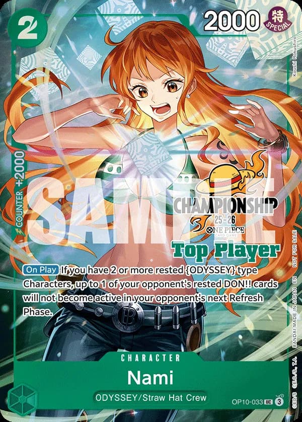 One Piece Card Game CS 25-26 Top Player Pack #OP10-033 Nami Parallel; official card image from the Bandai card list; publisher sample markings retained