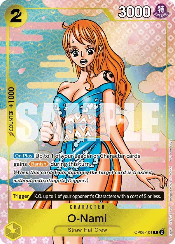 One Piece Card Game Event Pack Vol.5 #OP06-101 O-Nami Parallel; official card image from the Bandai card list; publisher sample markings retained