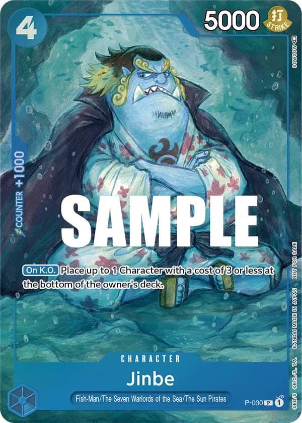 One Piece Card Game Event Pack Vol.1 #P-030 Jinbe; official card image from the Bandai card list; publisher sample markings retained