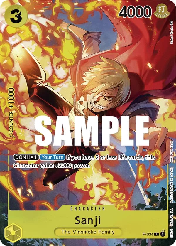 One Piece Card Game Event Pack Vol.2 #P-034 Sanji; official card image from the Bandai card list; publisher sample markings retained