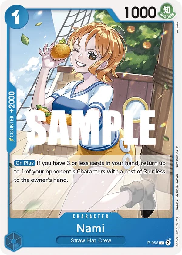 One Piece Card Game Sealed Battle Kit Vol.1 #P-053 Nami; official card image from the Bandai card list; publisher sample markings retained