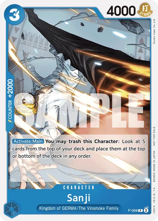 One Piece Card Game Pirates Party Vol.7 #P-068 Sanji; official card image from the Bandai card list; publisher sample markings retained