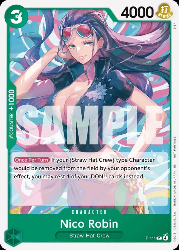 One Piece Card Game Heroines Battle Pack #P-111 Nico Robin; official card image from the Bandai card list; publisher sample markings retained