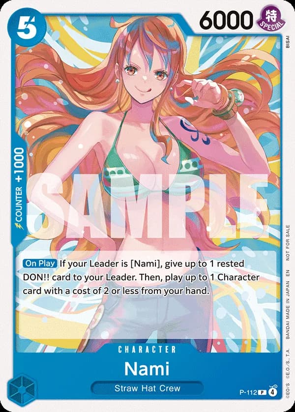 One Piece Card Game Heroines Battle Pack #P-112 Nami; official card image from the Bandai card list; publisher sample markings retained