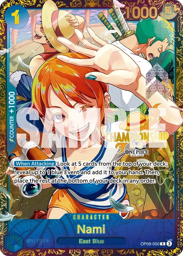 One Piece Card Game Regional 25-26 Season1 #OP09-050 Nami Parallel; official card image from the Bandai card list; publisher sample markings retained