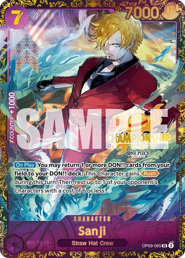 One Piece Card Game Regional 25-26 Season1 #OP09-065 Sanji Parallel; official card image from the Bandai card list; publisher sample markings retained