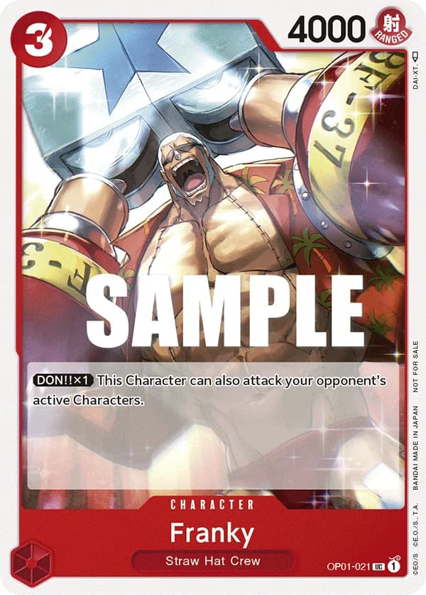 One Piece Card Game Tournament Pack Vol.2 #OP01-021 Franky Parallel; official card image from the Bandai card list; publisher sample markings retained