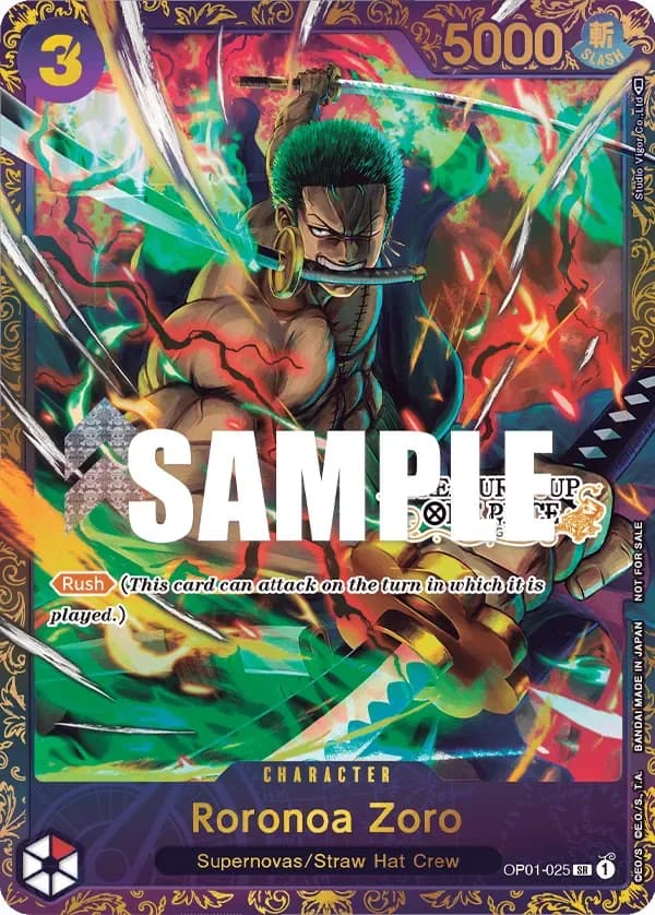 2023 One Piece Card Game Treasure Cup #OP01-025 Roronoa Zoro Prize Card; representative card artwork; color, finish and individual copy details may differ; publisher sample markings retained where present