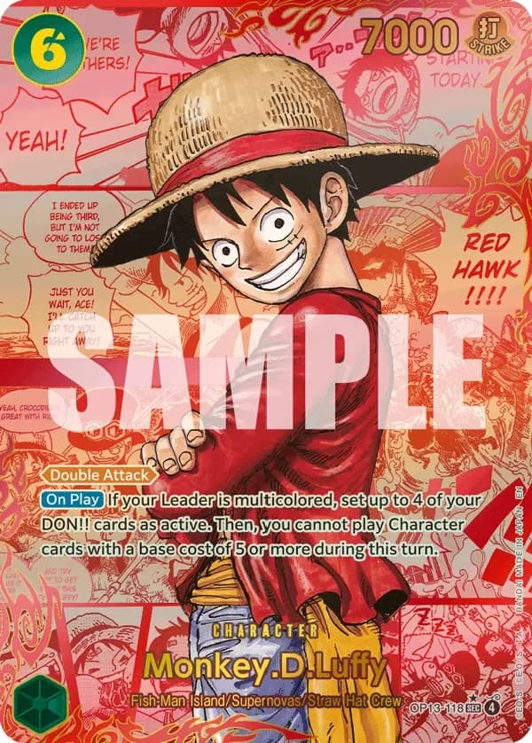 2025 One Piece Card Game Carrying on His Will (OP-13) #OP13-118 Monkey.D.Luffy Red Manga Rare; representative card artwork; color, finish and individual copy details may differ; publisher sample markings retained where present
