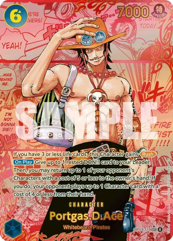 2025 One Piece Card Game Carrying on His Will (OP-13) #OP13-119 Portgas.D.Ace Red Manga Rare; representative card artwork; color, finish and individual copy details may differ; publisher sample markings retained where present