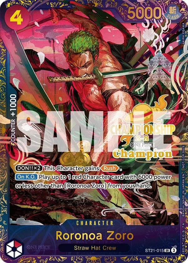 2025 One Piece Card Game Championship 25-26 Finals #ST21-015 Roronoa Zoro Trophy Card, 1st Place; representative card artwork; color, finish and individual copy details may differ; publisher sample markings retained where present