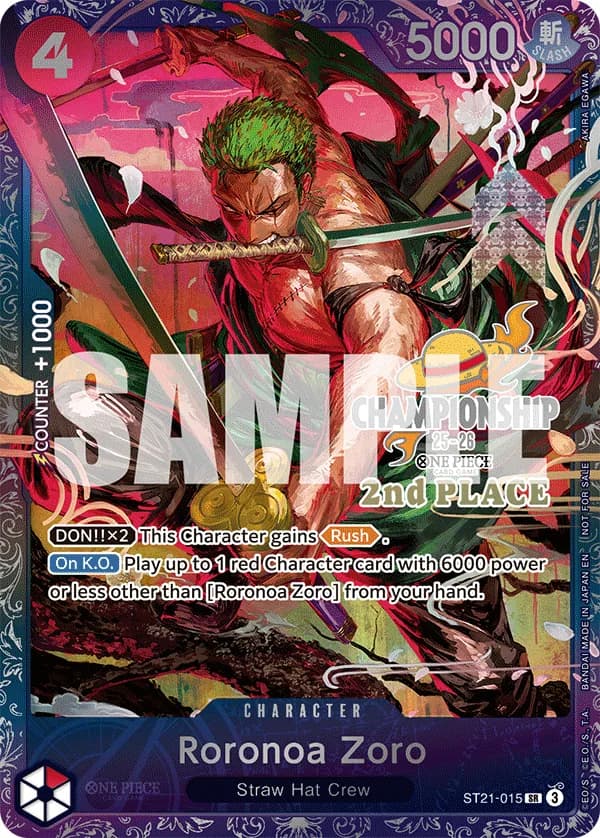 2025 One Piece Card Game Championship 25-26 Finals #ST21-015 Roronoa Zoro Trophy Card, 2nd Place; representative card artwork; color, finish and individual copy details may differ; publisher sample markings retained where present