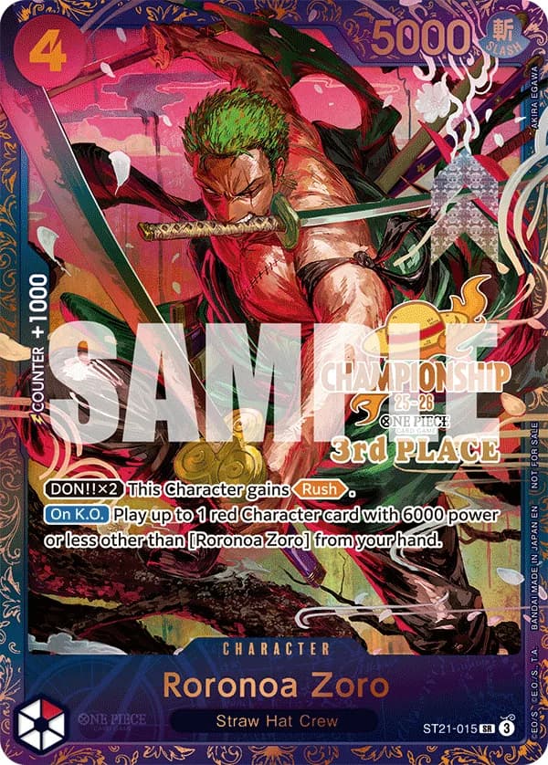 2025 One Piece Card Game Championship 25-26 Finals #ST21-015 Roronoa Zoro Trophy Card, 3rd Place; representative card artwork; color, finish and individual copy details may differ; publisher sample markings retained where present