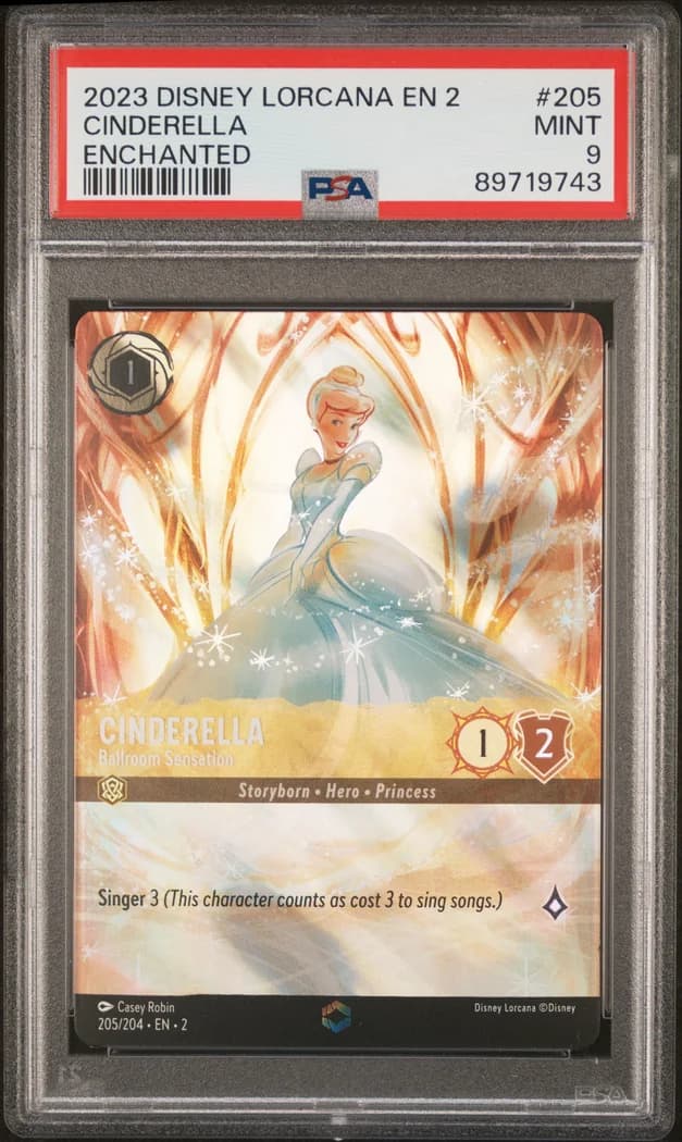 2023 Disney Lorcana Rise of the Floodborn #205/204 Cinderella, Ballroom Sensation Enchanted, PSA 9 slab front