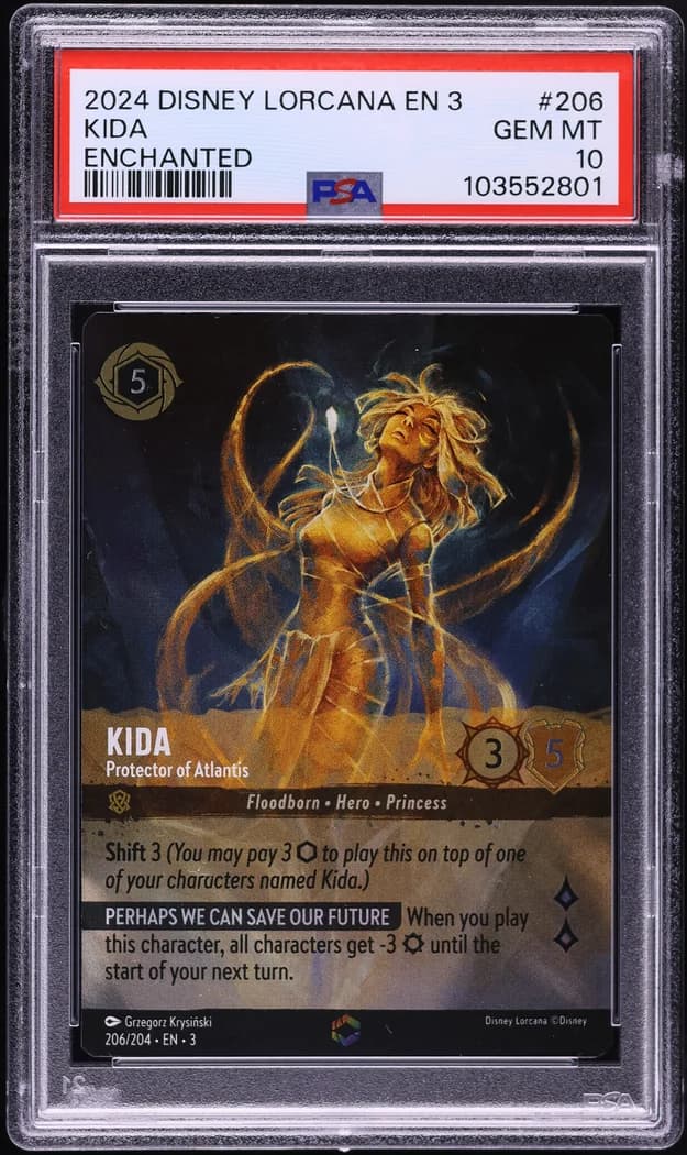 2024 Disney Lorcana Into the Inklands #206/204 Kida, Protector of Atlantis Enchanted, PSA 10 slab front