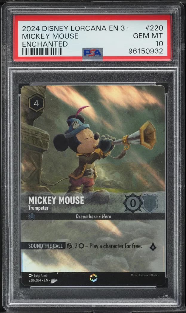 2024 Disney Lorcana Into the Inklands #220/204 Mickey Mouse, Trumpeter Enchanted, PSA 10 slab front