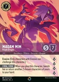 2023 Disney Lorcana Rise of the Floodborn #208/204 Madam Mim, Purple Dragon Enchanted, official card render (not a photograph of a copy)
