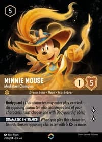 2024 Disney Lorcana Ursula's Return #206/204 Minnie Mouse, Musketeer Champion Enchanted, official card render (not a photograph of a copy)