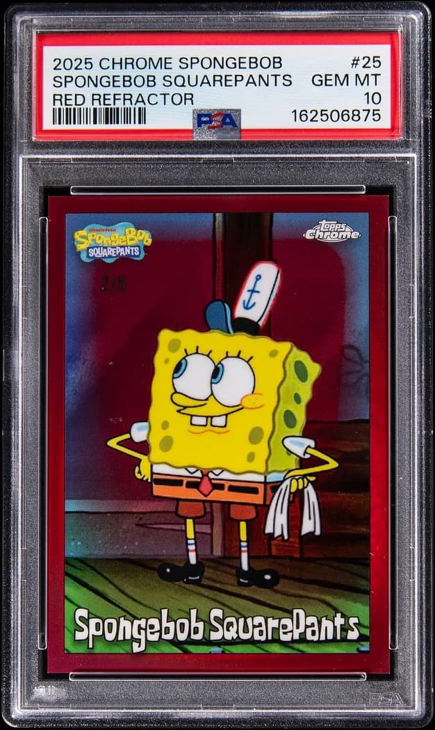 2025 Topps Chrome SpongeBob 25th Anniversary #25 SpongeBob SquarePants Red Refractor /5, PSA GEM MT 10 slab front
