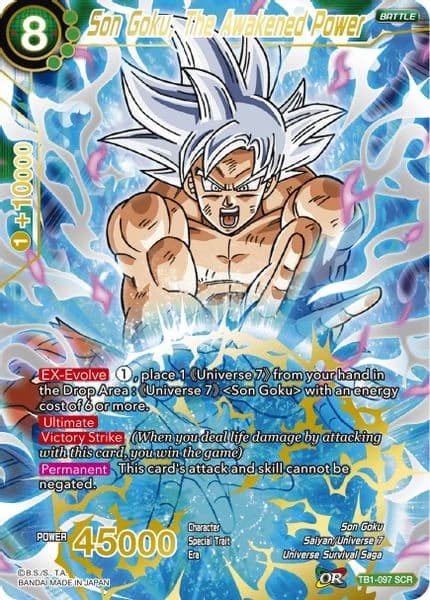 Son Goku, The Awakened Power Secret Rare; representative card artwork, source SAMPLE/watermark markings retained where present; not specimen provenance