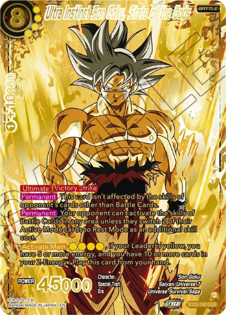 Ultra Instinct Son Goku, State of the Gods God Rare; representative card artwork, source SAMPLE/watermark markings retained where present; not specimen provenance