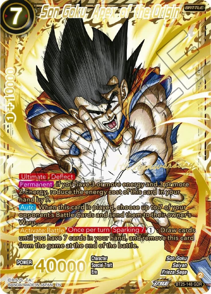 Son Goku, Apex of the Origin God Rare; representative card artwork, source SAMPLE/watermark markings retained where present; not specimen provenance