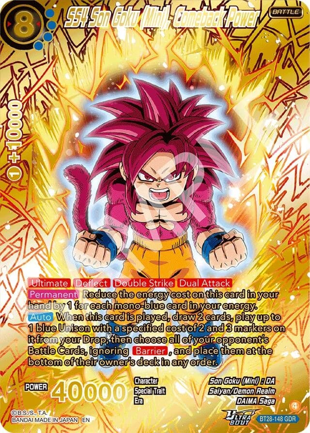 SS4 Son Goku (Mini), Comeback Power God Rare; representative front-side artwork; source SAMPLE/serial-template markings retained, not specimen provenance