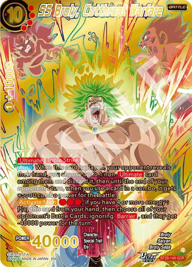 SS Broly, Cutthroat Warfare God Rare; representative card artwork, source SAMPLE/watermark markings retained where present; not specimen provenance