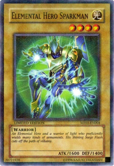 Elemental HERO Sparkman card front, Mattel Action Figure promotional cards: Series 3 MF03-EN004 Normal Parallel Rare Limited Edition