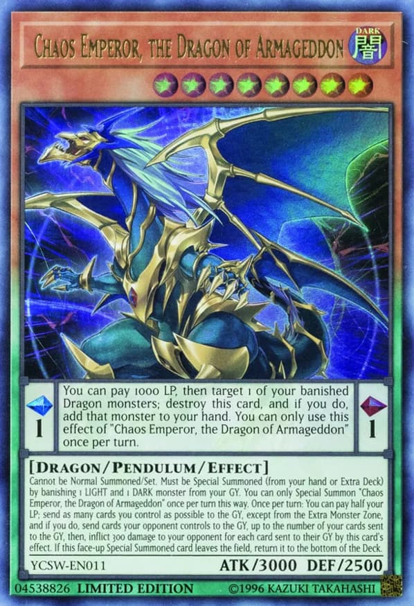 Chaos Emperor, the Dragon of Armageddon card front, Yu-Gi-Oh! Championship Series 2018 prize card YCSW-EN011 Ultra Rare Limited Edition
