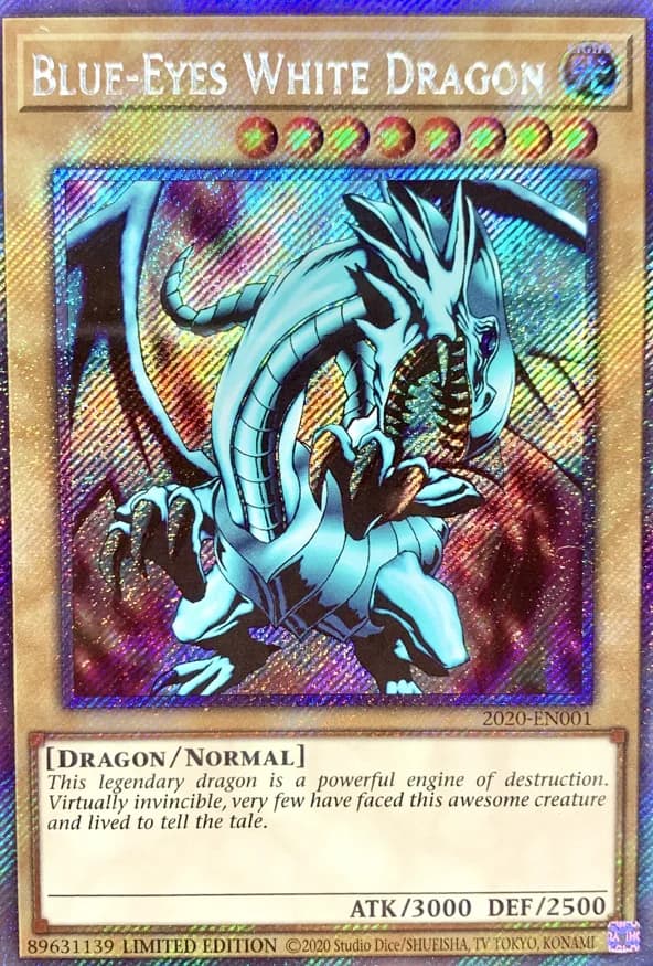 Blue-Eyes White Dragon card front, KC Grand Tournament prize card 2020-EN001 Extra Secret Rare Limited Edition