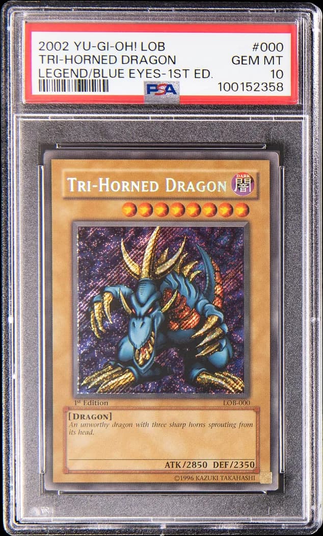 2002 Yu-Gi-Oh! Legend of Blue Eyes White Dragon #LOB-000 Tri-Horned Dragon 1st Edition, PSA GEM MT 10 slab front