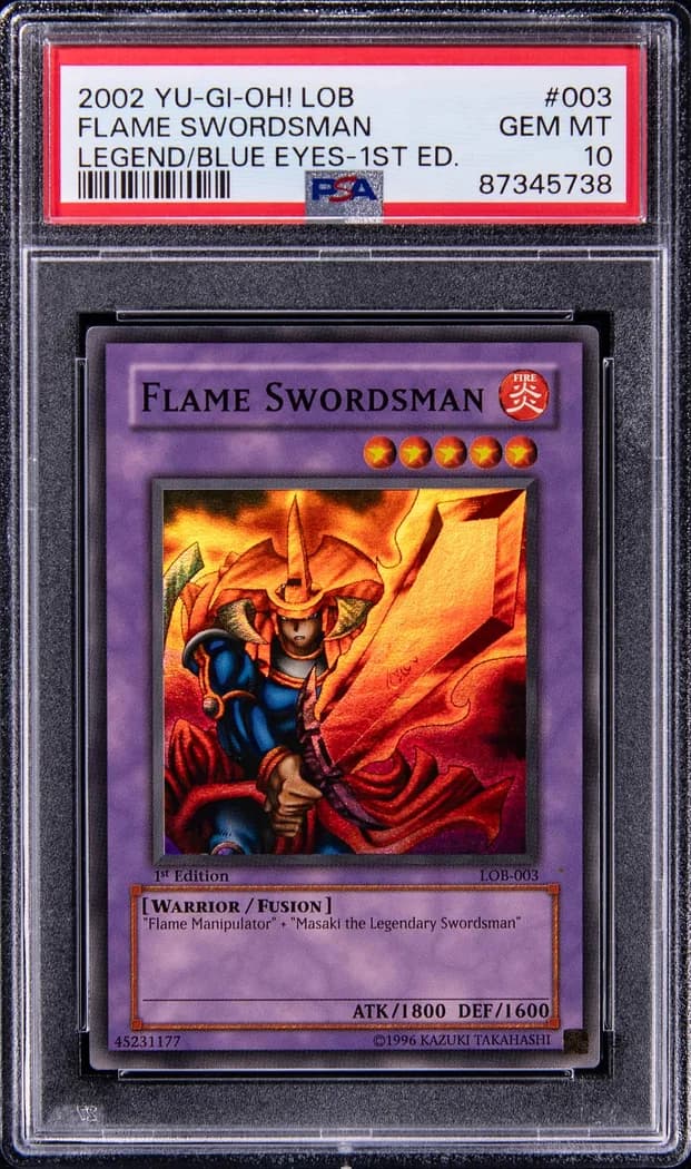 2002 Yu-Gi-Oh! Legend of Blue Eyes White Dragon #LOB-003 Flame Swordsman 1st Edition, PSA GEM MT 10 slab front