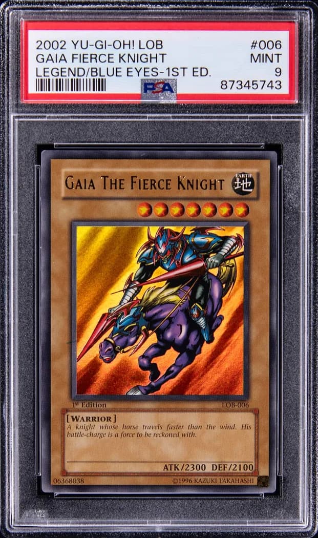2002 Yu-Gi-Oh! Legend of Blue Eyes White Dragon #LOB-006 Gaia The Fierce Knight 1st Edition, PSA MINT 9 slab front