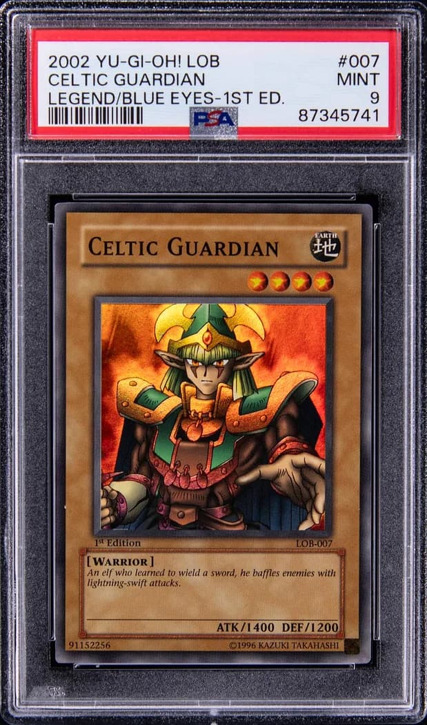 2002 Yu-Gi-Oh! Legend of Blue Eyes White Dragon #LOB-007 Celtic Guardian 1st Edition, PSA MINT 9 slab front
