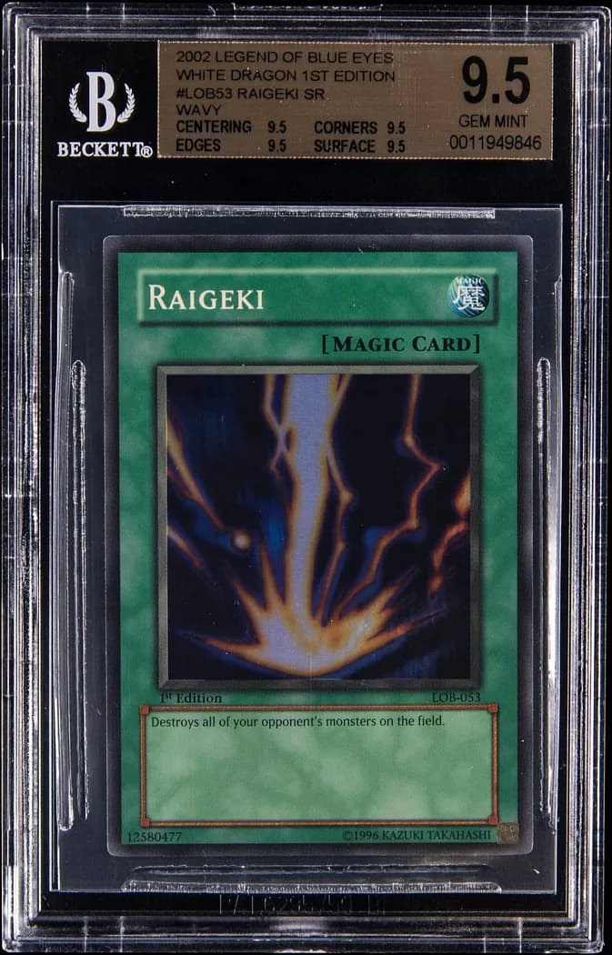 2002 Yu-Gi-Oh! Legend of Blue Eyes White Dragon #LOB-053 Raigeki 1st Edition, Beckett GEM MINT 9.5 slab front
