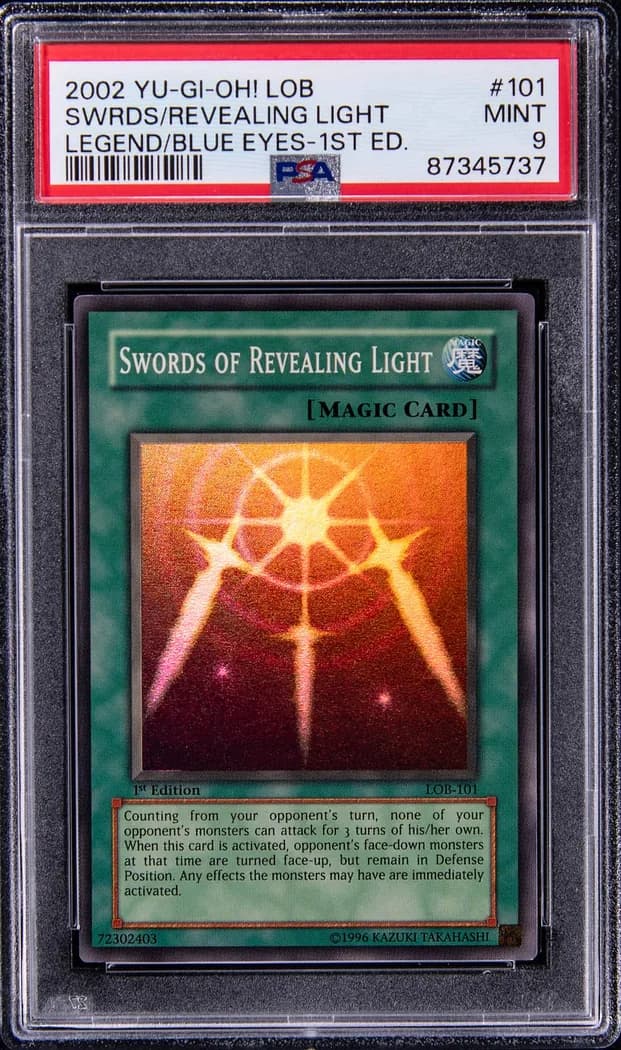 2002 Yu-Gi-Oh! Legend of Blue Eyes White Dragon #LOB-101 Swords of Revealing Light 1st Edition, PSA MINT 9 slab front